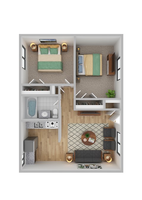 Floor plan for 2 beds, 1 bath, 638 sqft